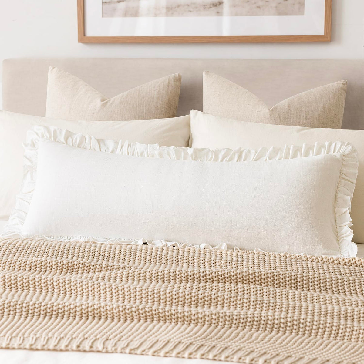 Foindtower Set of 2 Decorative Soild Fringe Ruffle Throw Pillow Covers Soft Boho Farmhouse Cushion Cover Cozy Accent Retro Pillowcase for Couch Sofa Bed Living Room Home Decor,18×18 Inch,Natural Beige