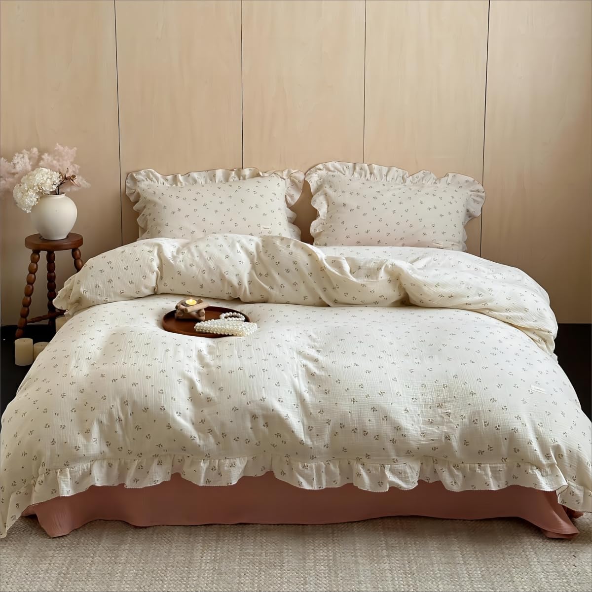 BuLuTu 100% Cotton Muslin Duvet Cover Twin for Kids Girls Boys, Shabby Chic Azalea Floral Duvet Covers Vintage Farmhouse Comforter/Quilt Cover with Ruffles, 68"x86", Zipper Closure, No Pillow