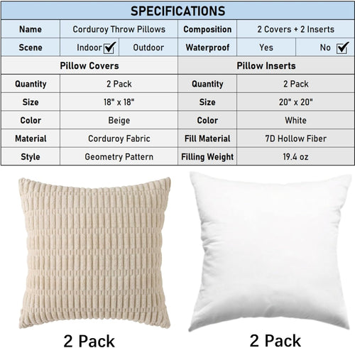 2 Pack Corduroy Decorative Throw Pillow with Inserts, 18x18 Inch Soft Boho Throw Pillow, Square Striped Throw Pillows for Couch, Bed, Sofa Decor(Beige)