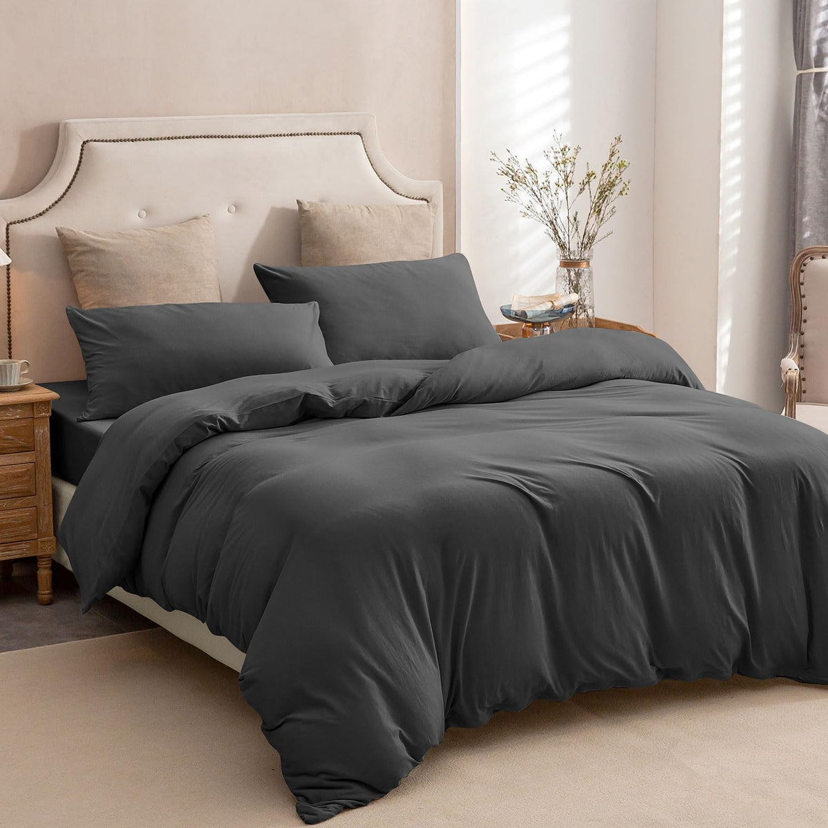 PURE ERA Jersey Knit Duvet Cover Set 100% T-Shirt Cotton Super Soft Comfy 3pc Bedding Set with Zipper Closure (Heather Beige, Queen)