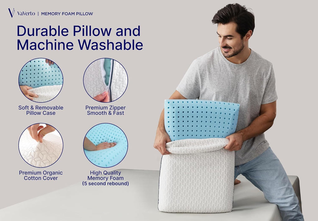 Vaverto Memory Foam Pillows - Cooling Firm Pillow - Standard Size 1-Pack