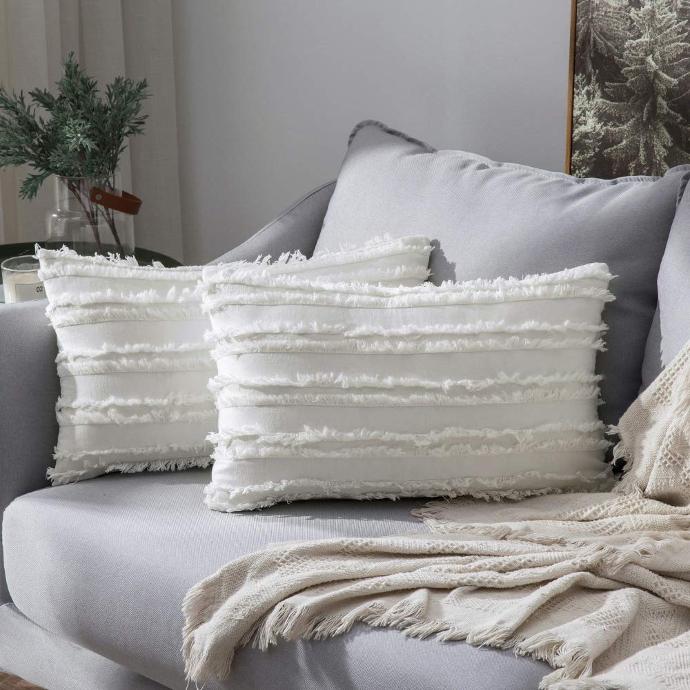 MIULEE Boho Linen Striped Throw Pillow Covers 18x18, Neutral Beige