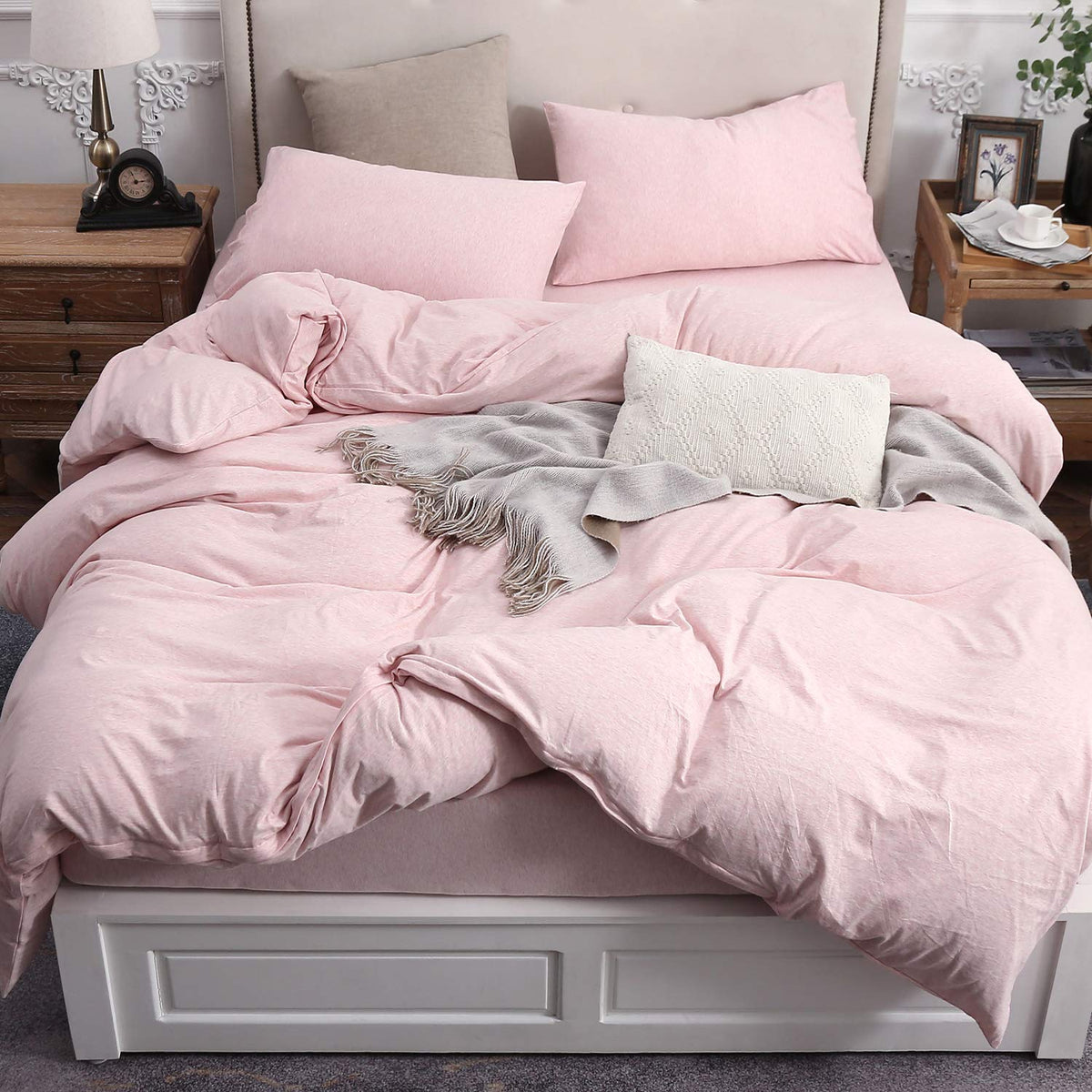 PURE ERA Jersey Knit Duvet Cover Set 100% T-Shirt Cotton Super Soft Comfy 3pc Bedding Set with Zipper Closure (Heather Beige, Queen)