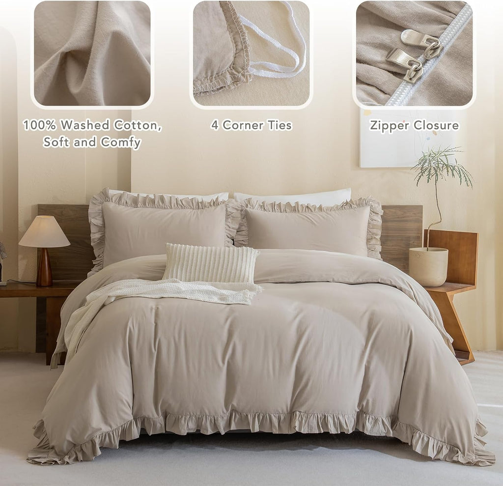 QSH Washed Cotton Duvet Cover King Ruffle Duvet Cover Linen Textured Farmhouse Shabby Vintage Chic Bedding Comforter Cover 3 PCs Aesthetic French Country Vintage King Bedding