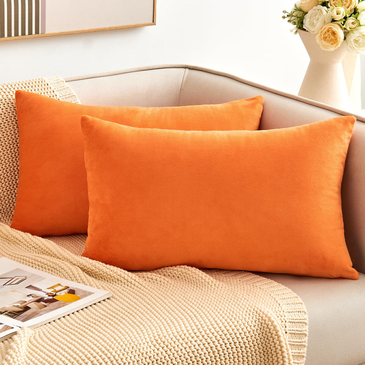 Throw Pillow Covers Mustard Yellow Set of 2 18x18 Inch Fall Pillow Covers, Soft Velvet Farmhouse Neutral Decorative Pillowcases for Couch Sofa Bed, Home Boho Decor, Modern Cushion Covers