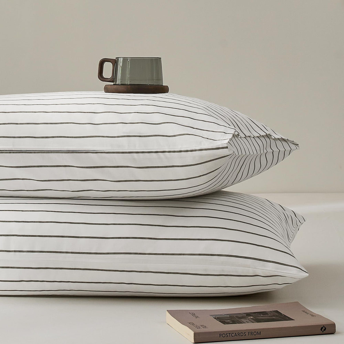 JELLYMONI Cotton Classic Striped Pillowcases Set of 2, Green, Queen