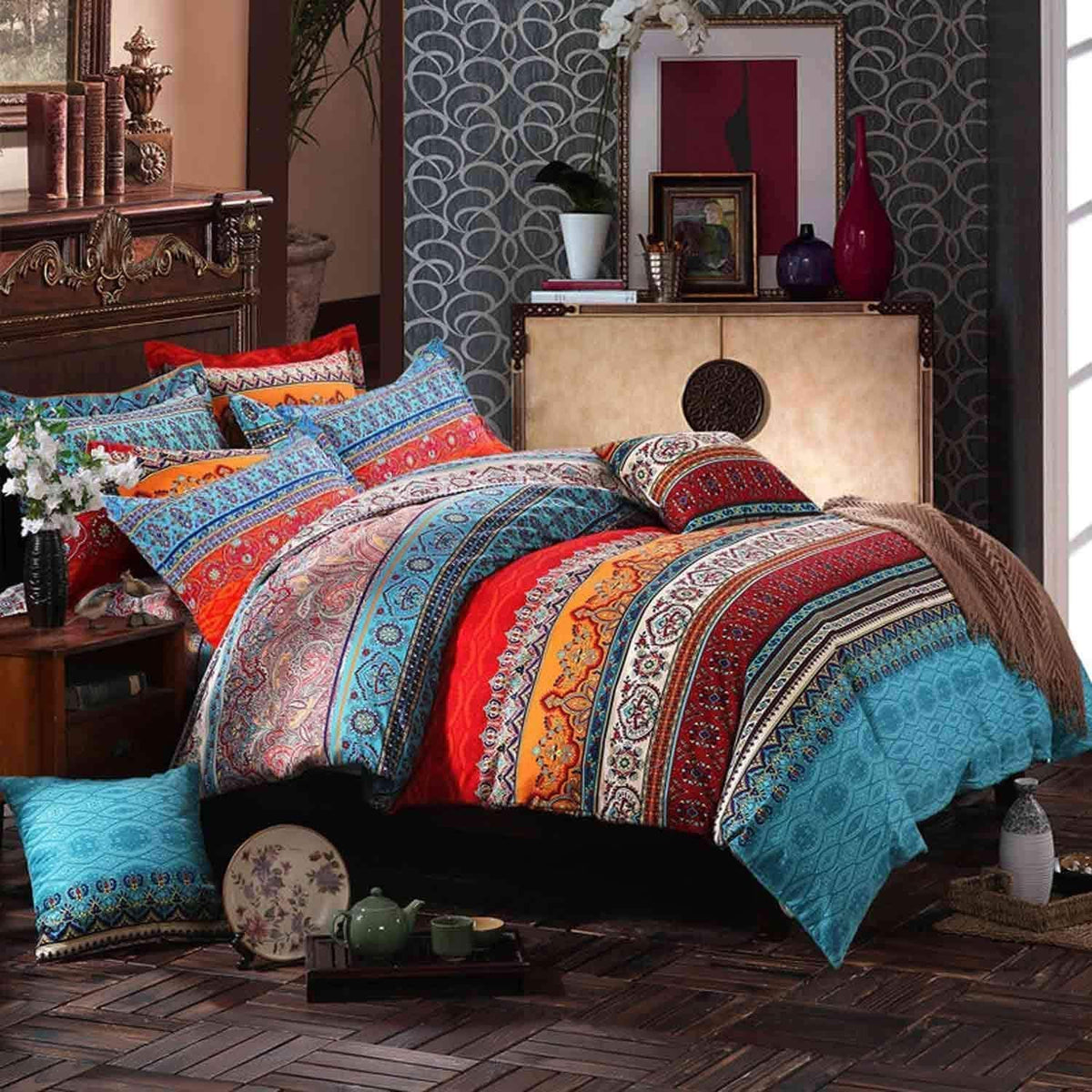 King Size Duvet Cover Set Floral Luxury Soft Brushed Microfiber Crinkle Gauze Fabric 3 Pieces Bedding Set Flower Pattern Duvet Cover King with Zipper Closure Breathable Comfy