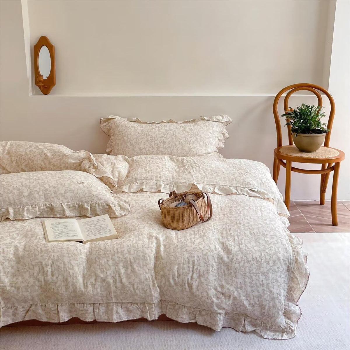 BuLuTu 100% Cotton Muslin Duvet Cover Twin for Kids Girls Boys, Shabby Chic Azalea Floral Duvet Covers Vintage Farmhouse Comforter/Quilt Cover with Ruffles, 68"x86", Zipper Closure, No Pillow