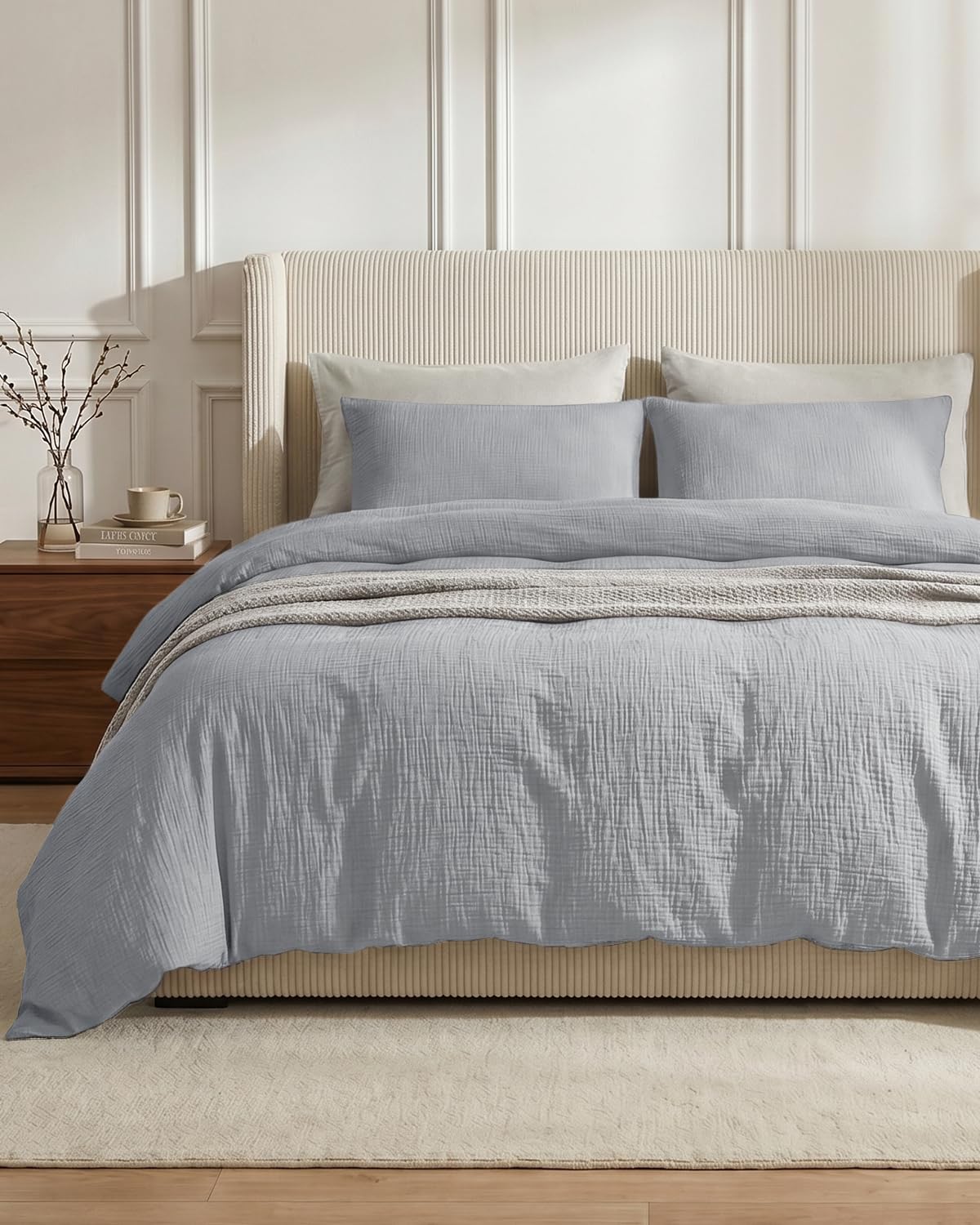 SE SOFTEXLY Muslin Duvet Cover Queen Size, 100% Washed Cotton Duvet Cover Set, Ultra Soft Comforter Cover Linen Like, 3 Pieces Minimalist Gauze Duvet Cover with 2 Pillowcases, 90"x90", White