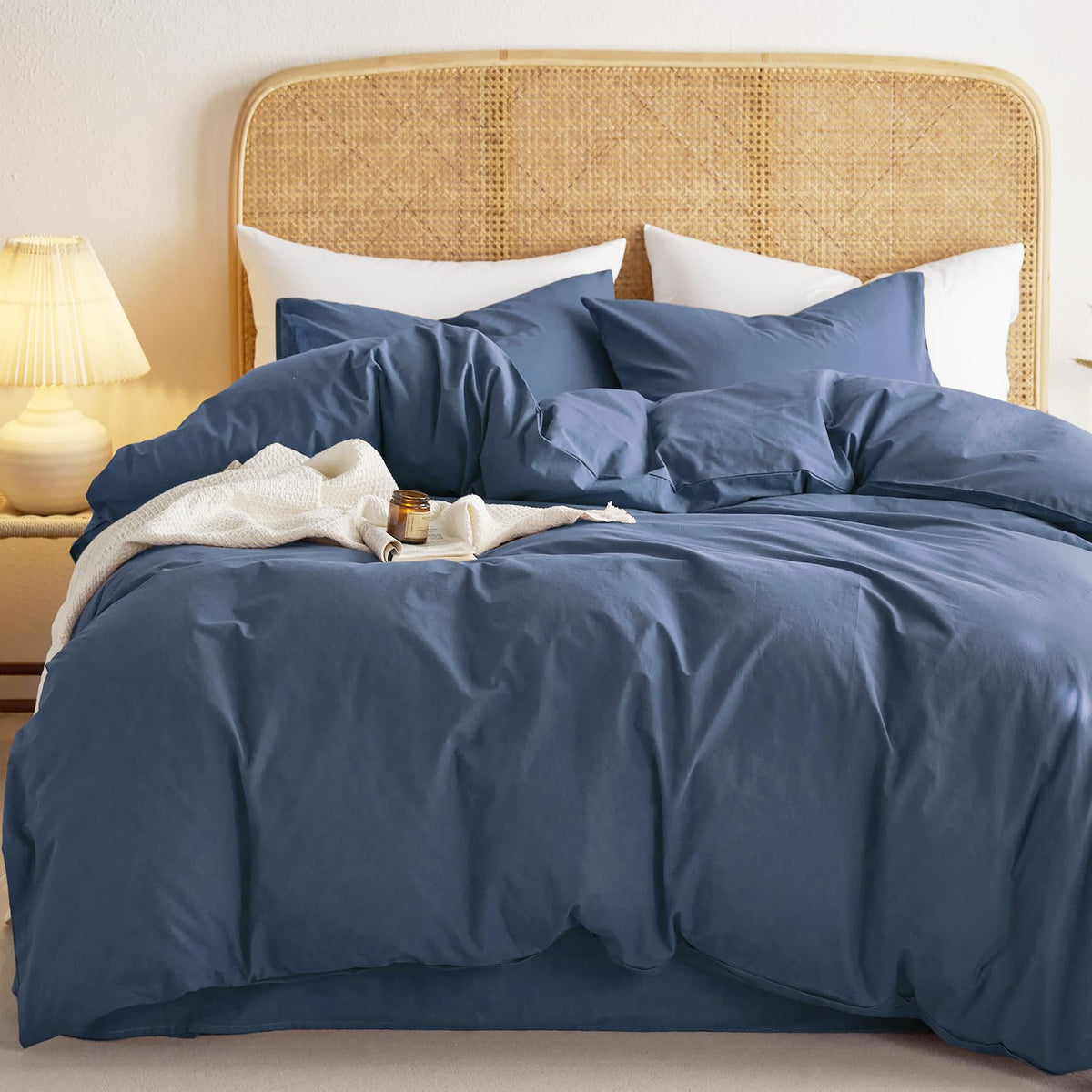 Wake In Cloud - Cotton Duvet Cover Set, 100% Washed Cotton, Linen Like Textured, Breathable Durable Comfy Farmhouse Neutral Bedding Set, 3 Pieces, Denim Blue, Queen Size