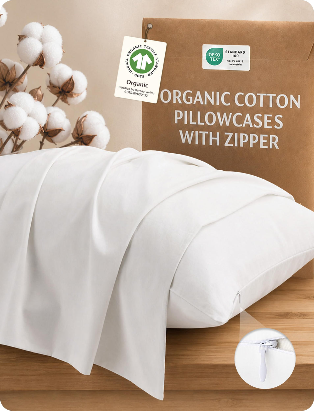 Bedsure PureWoven Organic Cotton Zipper Pillow Cases Queen Size Set of 2