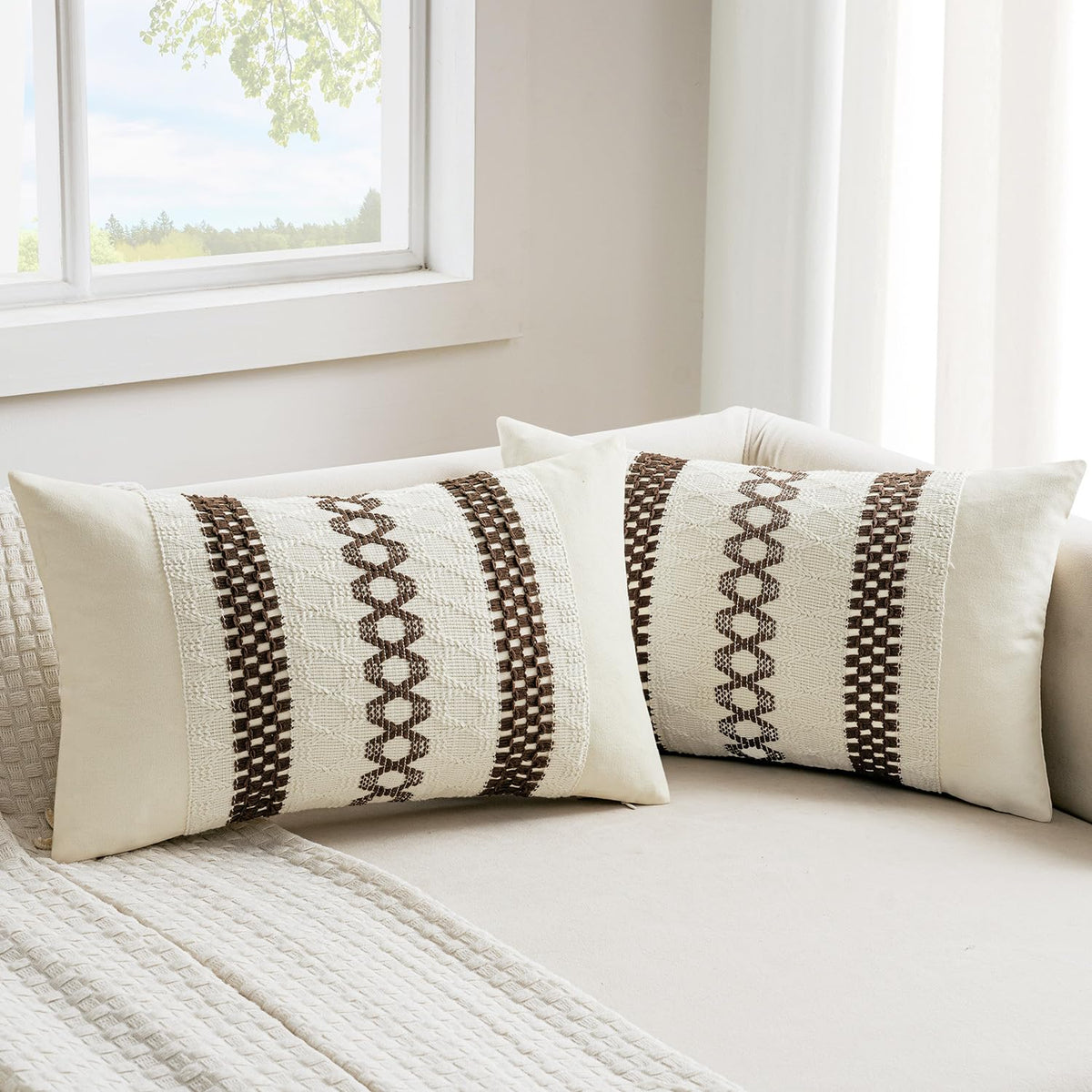 MIULEE Set of 2 Sage Green Boho Decorative Lumbar Pillow Covers 12x20 Inch