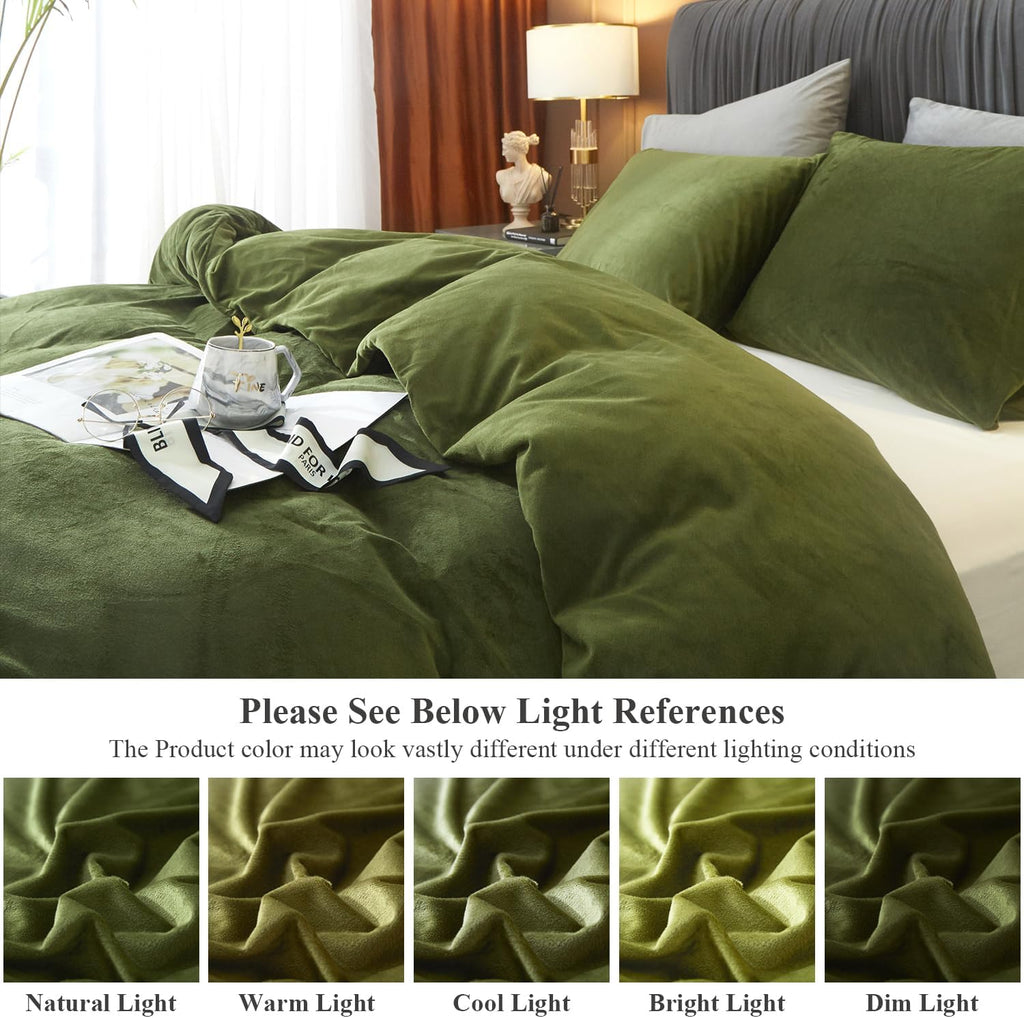 Ivellow Velvet Duvet Cover Queen Set, 3 Pcs Olive Green, Zipper Corner Ties
