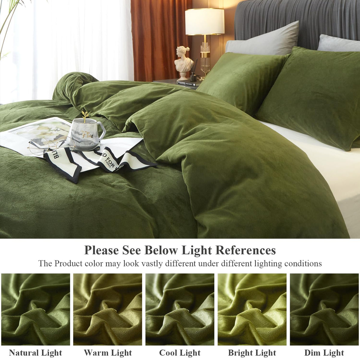 Ivellow Velvet Duvet Cover Queen Set, 3 Pcs Olive Green, Zipper Corner Ties