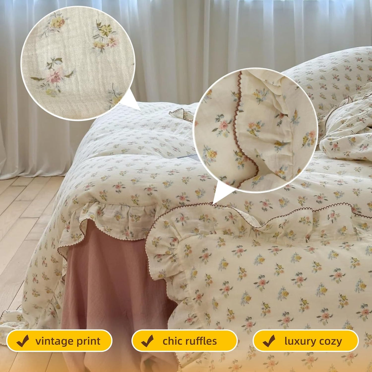 BuLuTu 100% Cotton Muslin Duvet Cover Twin for Kids Girls Boys, Shabby Chic Azalea Floral Duvet Covers Vintage Farmhouse Comforter/Quilt Cover with Ruffles, 68"x86", Zipper Closure, No Pillow
