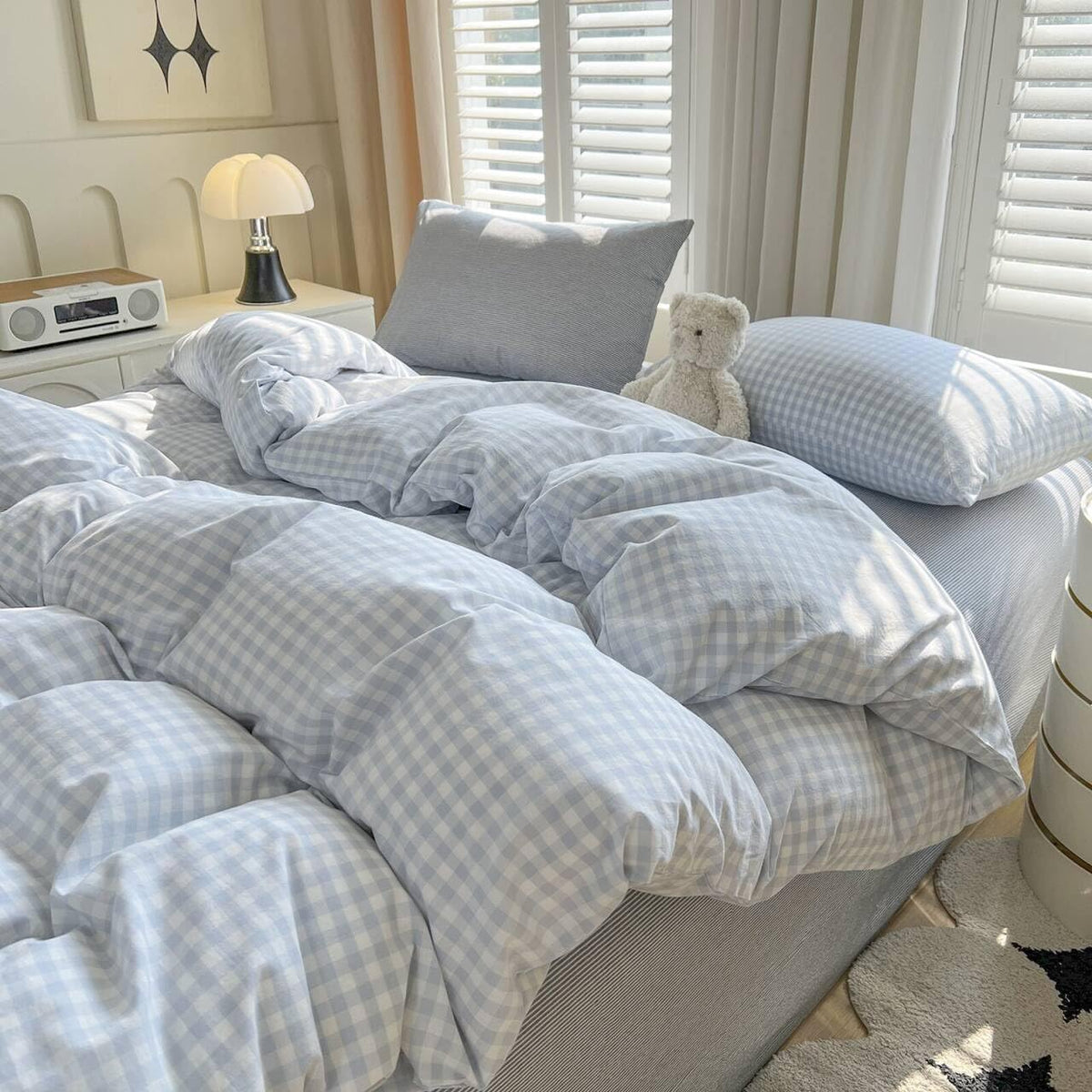 LifeTB Blue Gingham Duvet Cover Queen Size 100% Washed Cotton Blue White Plaid Checkered Duvet Cover 3 Pieces Farmhouse Grid Bedding Set Soft Breathable Gingham Comforter Cover with 2 Pillowcases