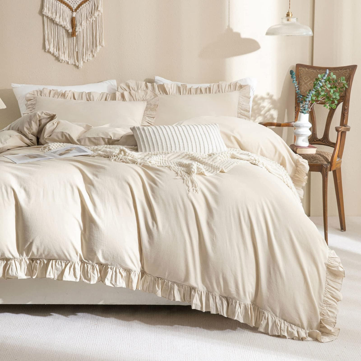 QSH Washed Cotton Duvet Cover King Ruffle Duvet Cover Linen Textured Farmhouse Shabby Vintage Chic Bedding Comforter Cover 3 PCs Aesthetic French Country Vintage King Bedding
