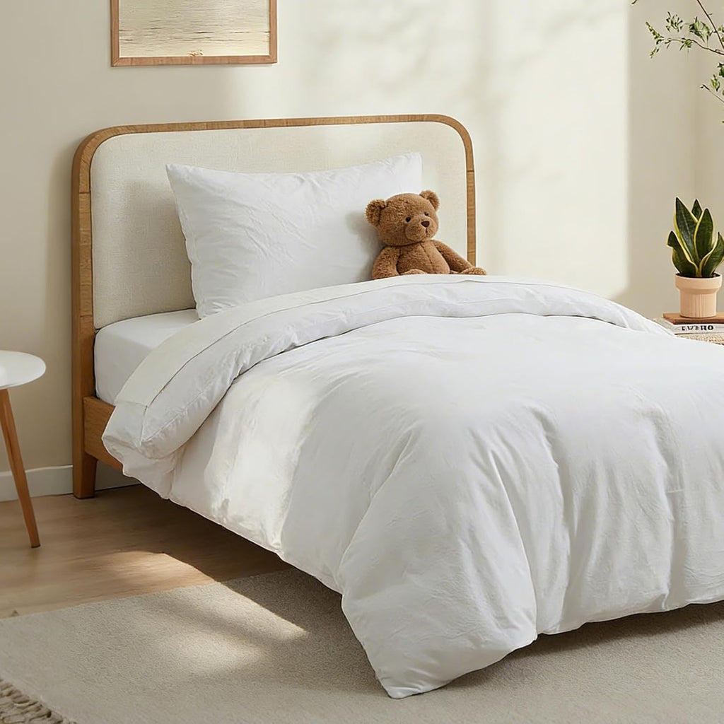 LOVQUE 100% Washed Cotton Duvet Cover, White, Twin Size, 68x90 Inches