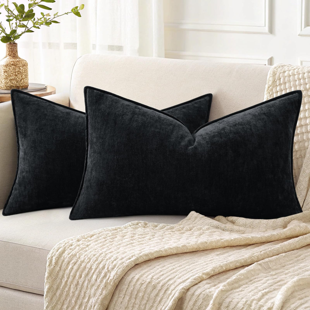 decorUhome Chenille Beige Velvet Throw Pillow Covers 20x20 Set of 2