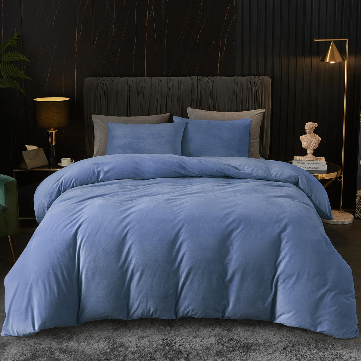 Ivellow Velvet Duvet Cover Queen Set, 3 Pcs Olive Green, Zipper Corner Ties