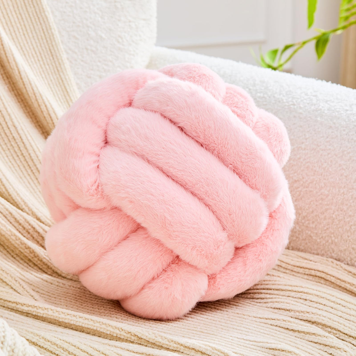 Uvvyui Knot Pillow Ball, Soft Home Decorative Round Throw Pillow, Handmade Knotted Plush Pillow, Round Boucle Pillow Cushion (8.6 Inches Ivory)