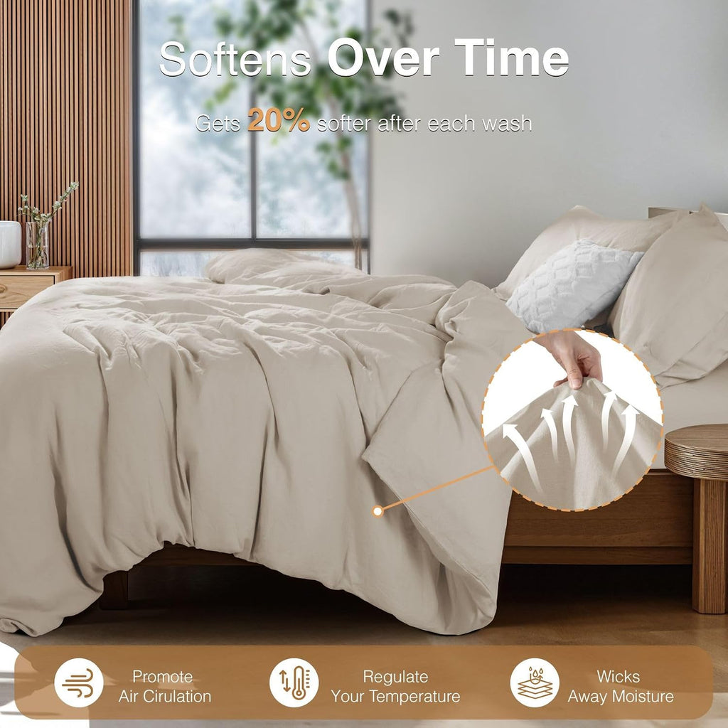 SONORO KATE 100% French Linen Queen Duvet Cover Set,Zipper Closure,3PC