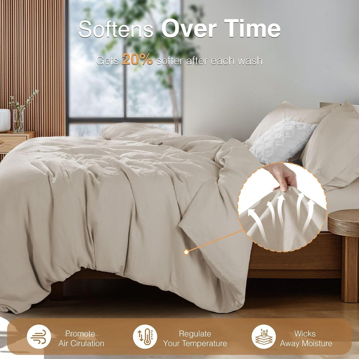 SONORO KATE 100% French Linen Queen Duvet Cover Set,Zipper Closure,3PC