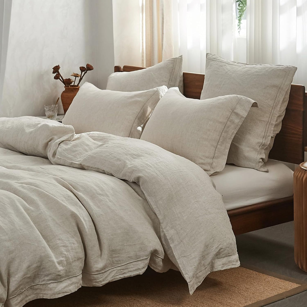 Simple&Opulence 100% French Linen Duvet Cover Set with Embroidered,3 Pcs Washed Soft Farmhouse Bedding Set with Button Closure,1 Comforter Cover and 2 Pillowshams(King,Natural Linen)