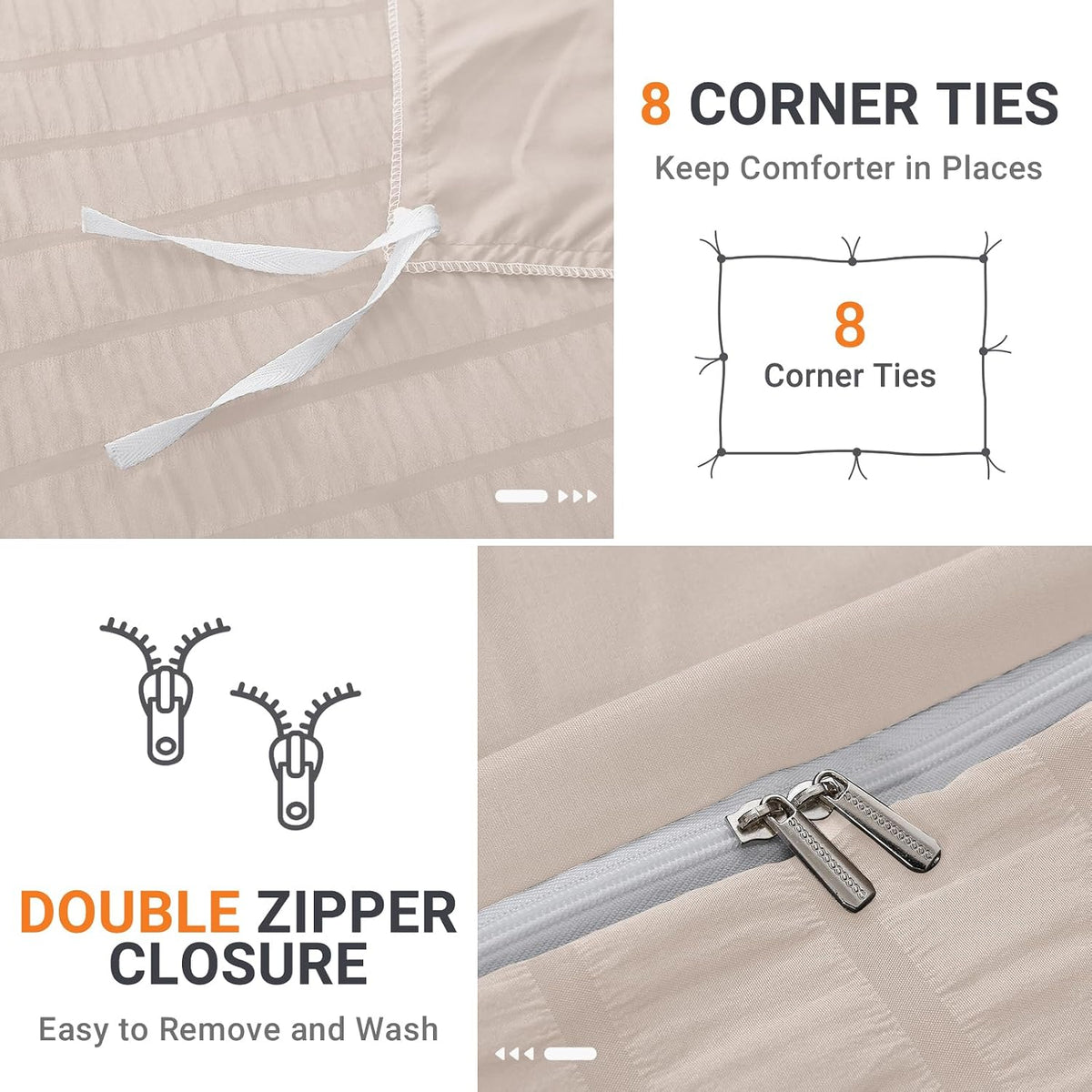 HYMOKEGE Beige Duvet Cover Queen Size, Ultra Soft 3-Piece Seersucker Duvet Cover Set with Zipper Closure, Soft Brushed Microfiber Bedding Set with 8 Corner Ties (90"x90", 2 Pillowshams)