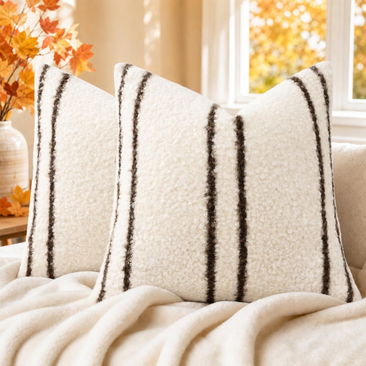 decorUhome Faux Fur Plaid Throw Pillow Covers 20X20 Set of 2 Khaki Brown