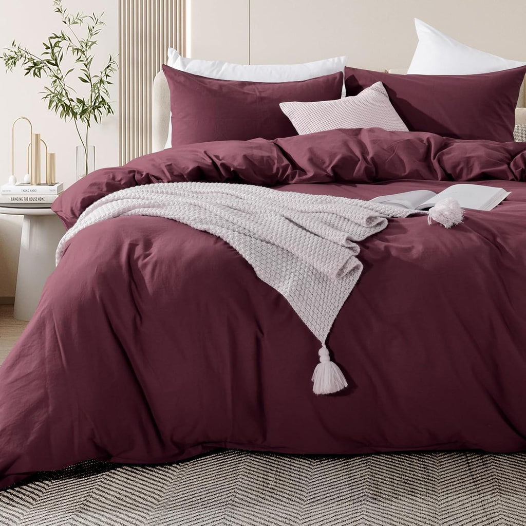 NEXHOME PRO Duvet Cover Set Queen Size Linen Look Textured 100% Washed Cotton Duvet Cover Burgundy Dark Red 3 Pieces Bedding Set with Zipper Closure,Breathable, Soft Organic Natural(No Comforter)