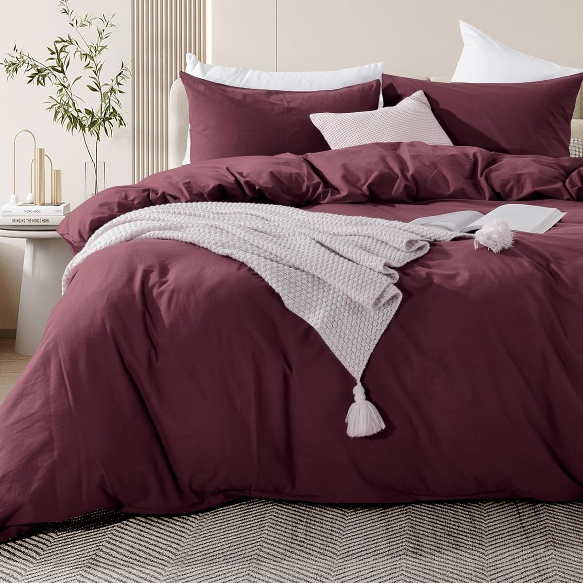 NEXHOME PRO Duvet Cover Set Queen Size Linen Look Textured 100% Washed Cotton Duvet Cover Burgundy Dark Red 3 Pieces Bedding Set with Zipper Closure,Breathable, Soft Organic Natural(No Comforter)
