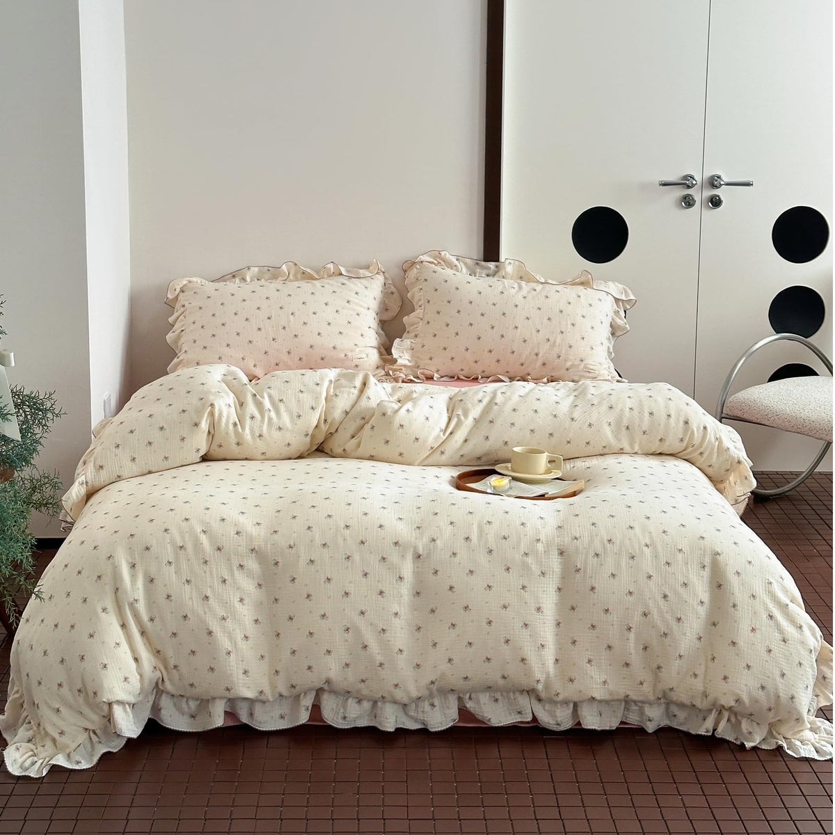 BuLuTu 100% Cotton Muslin Duvet Cover Twin for Kids Girls Boys, Shabby Chic Azalea Floral Duvet Covers Vintage Farmhouse Comforter/Quilt Cover with Ruffles, 68"x86", Zipper Closure, No Pillow