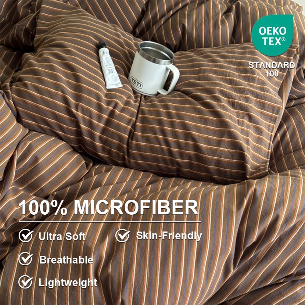 Duvet Cover Set Queen Size Brown Striped Bedding Set for Girls Boys