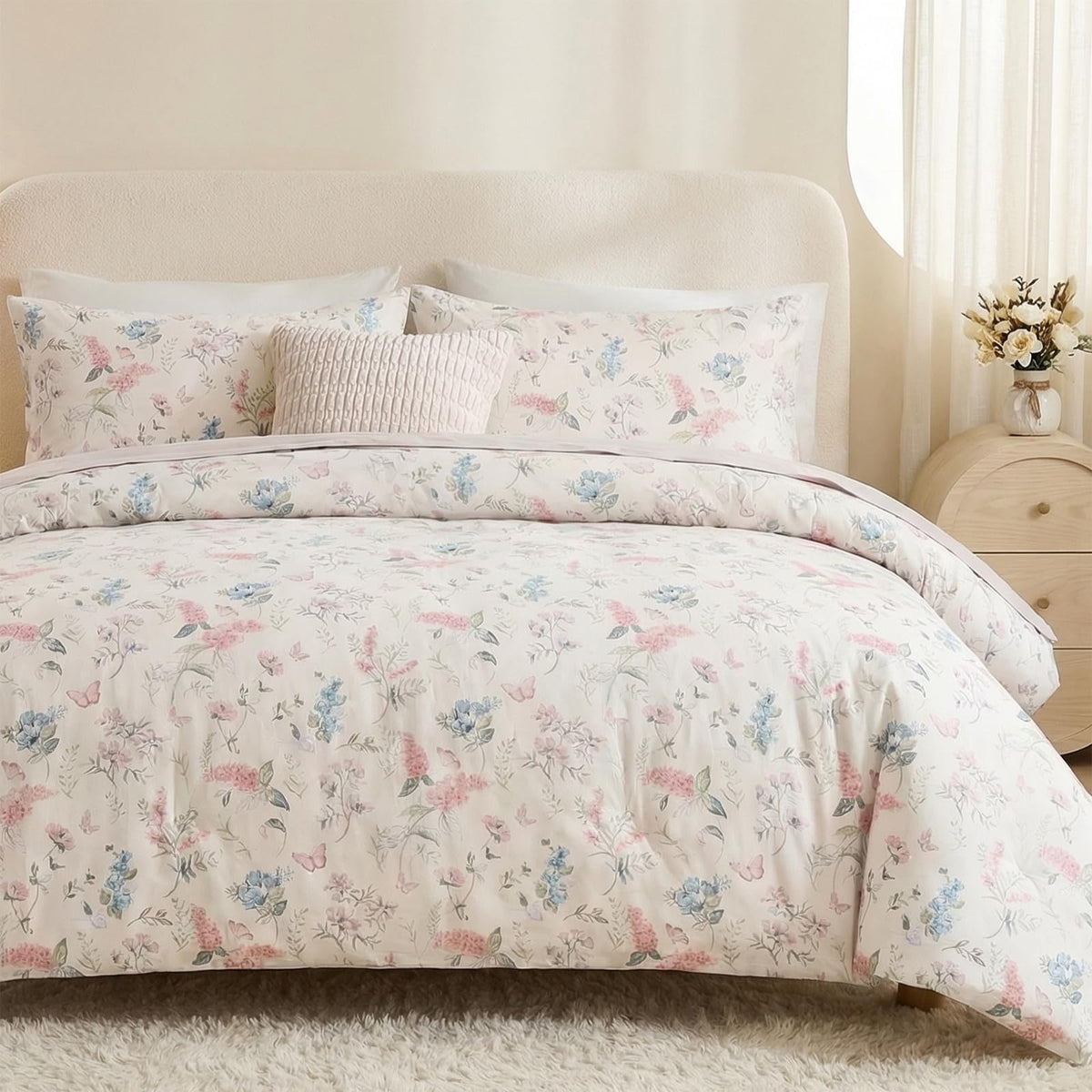 Duvet Cover Queen Size - 100% Cotton Reversible Floral Queen Duvet Cover Set with Zipper Closure, 3 Pieces Soft & Breathable Green Bedding Set for All Seasons