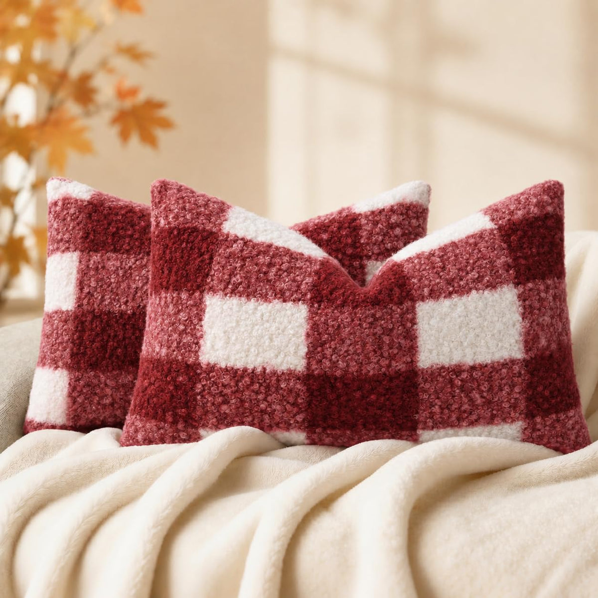 decorUhome Faux Fur Plaid Throw Pillow Covers 20X20 Set of 2 Khaki Brown