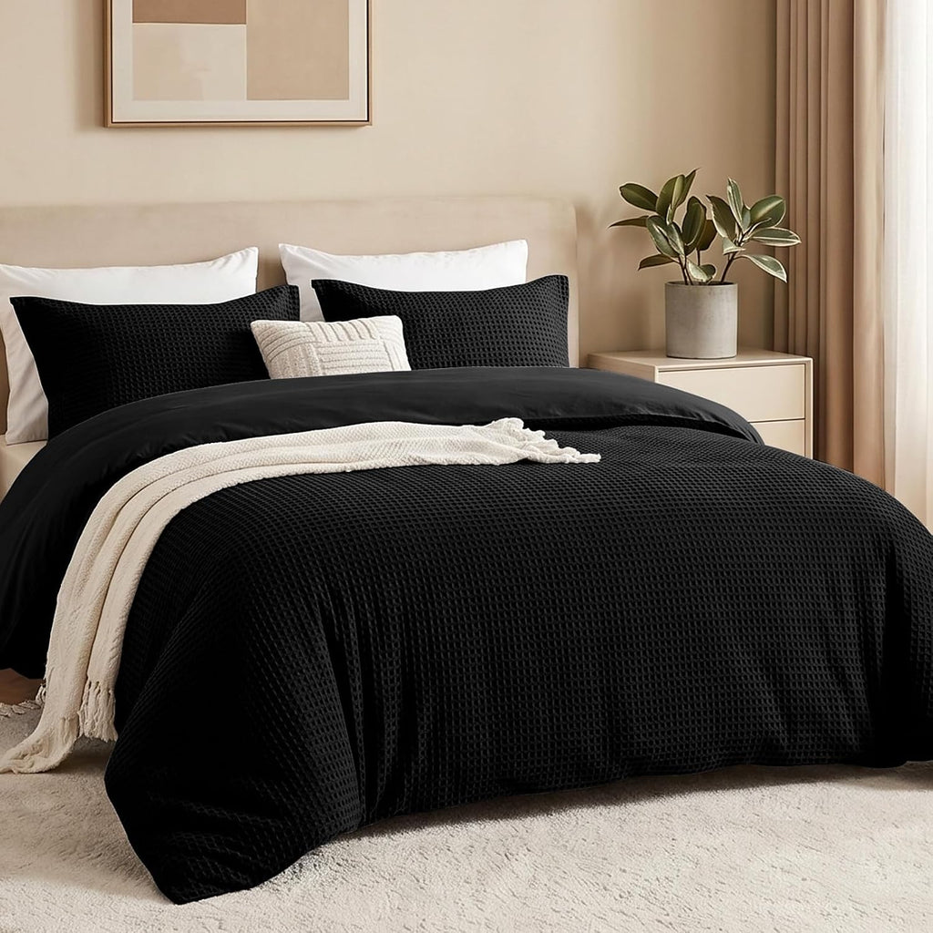 100% Cotton King Size Duvet Cover Set with 2 Pillow Shams, Black