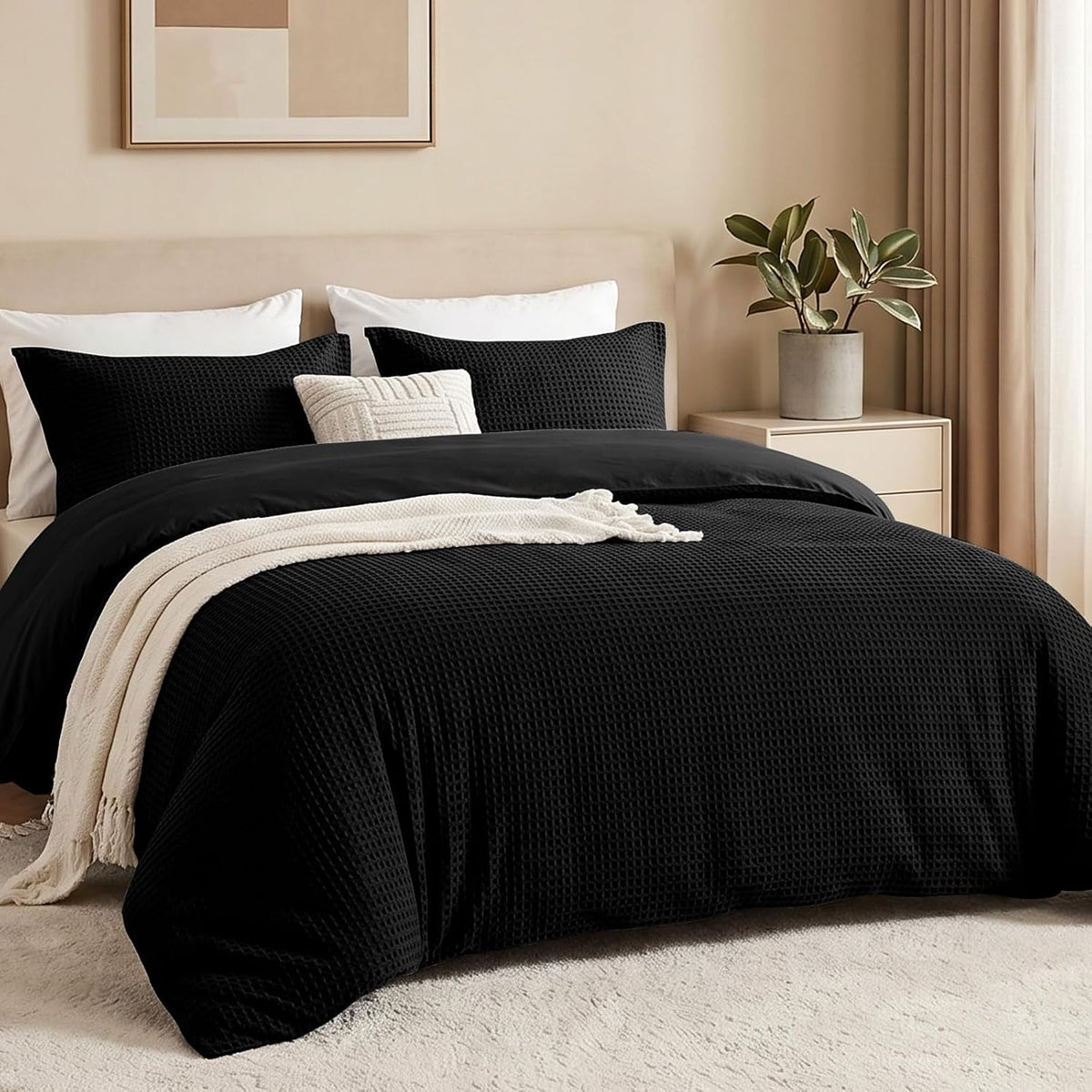 100% Cotton King Size Duvet Cover Set with 2 Pillow Shams, Black