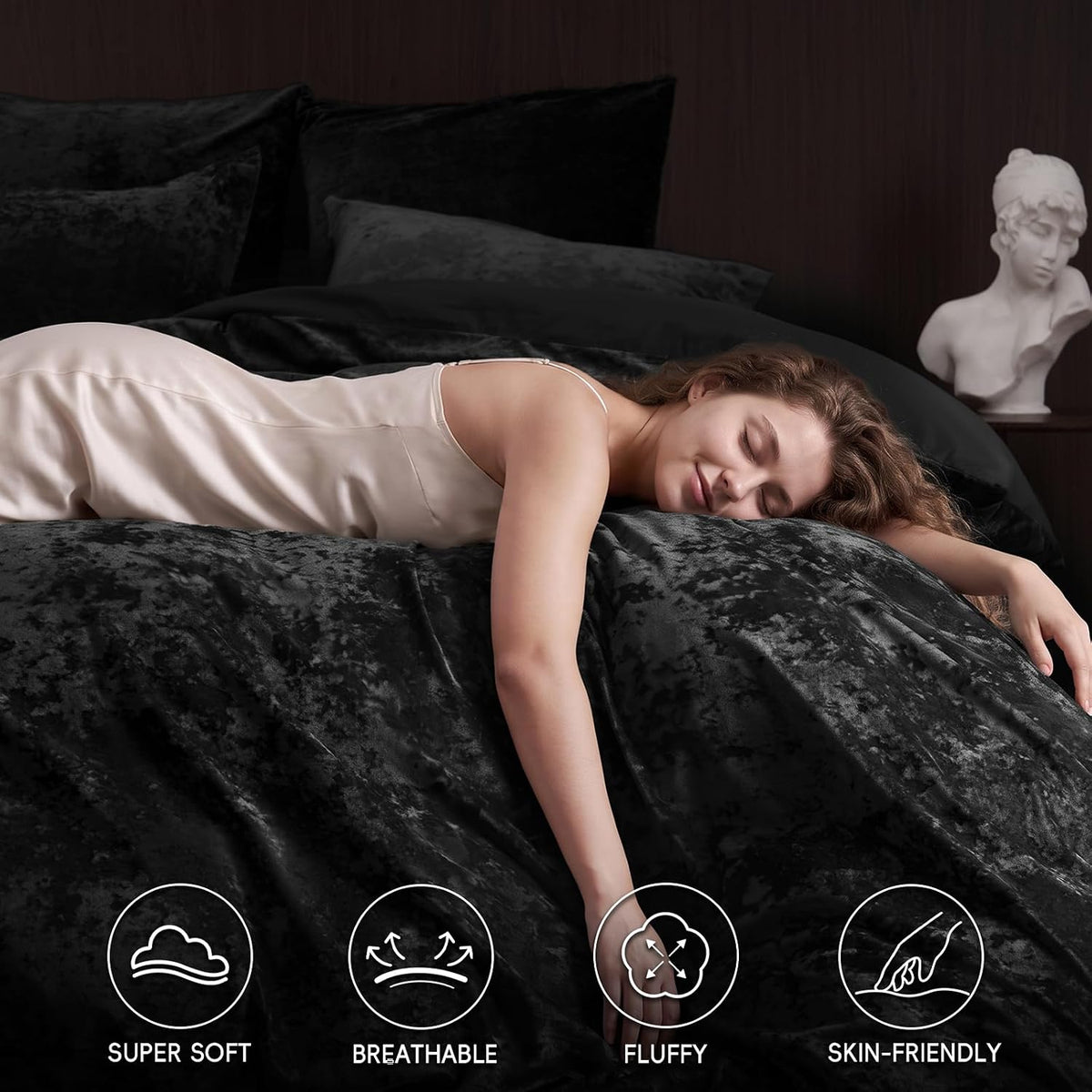PHF Luxury Velvet Duvet Cover Set King Size, 3pcs 104" x 90", Black