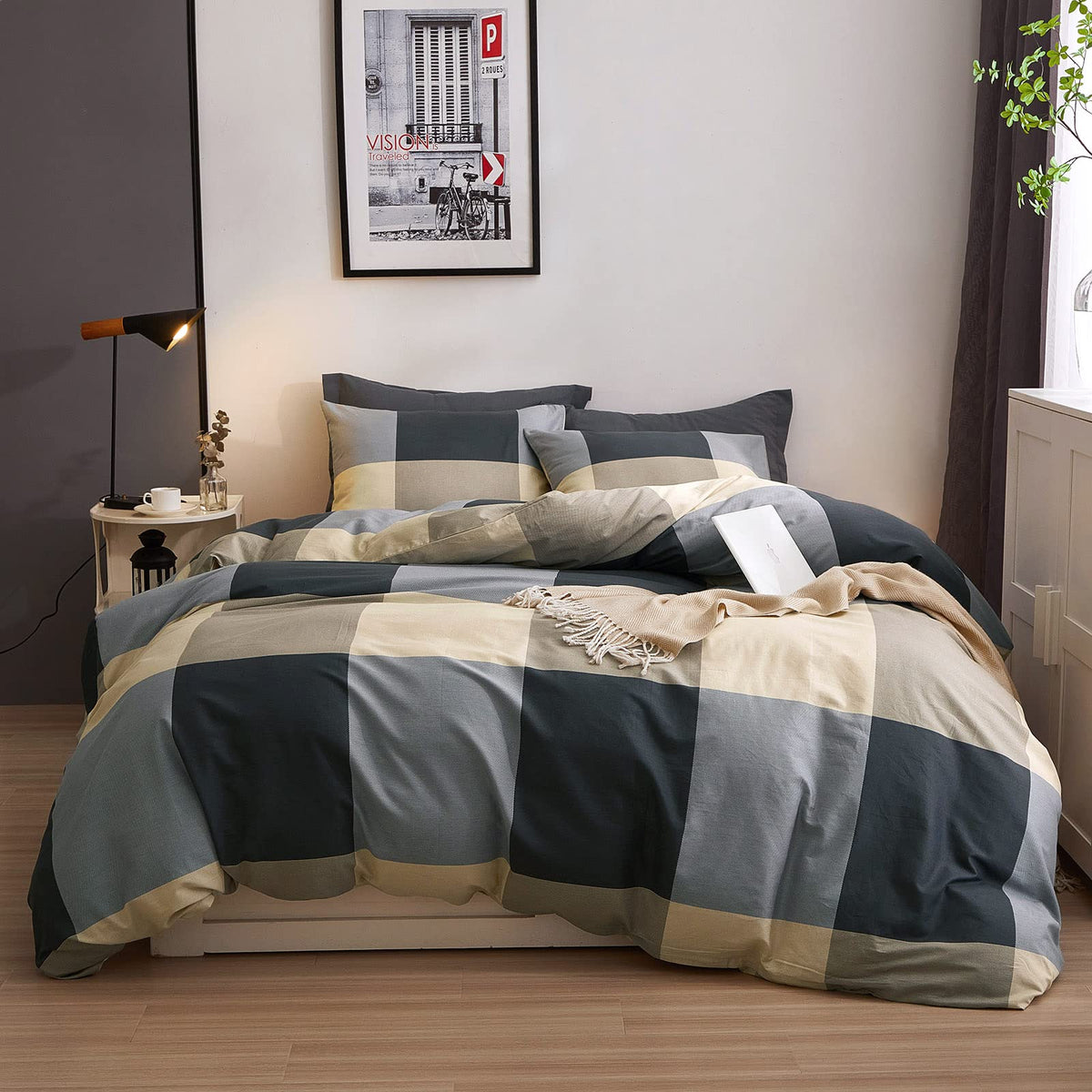 Plaid Duvet Cover Set Washed Cotton,Queen(90"x90"),Multicolor Gingham