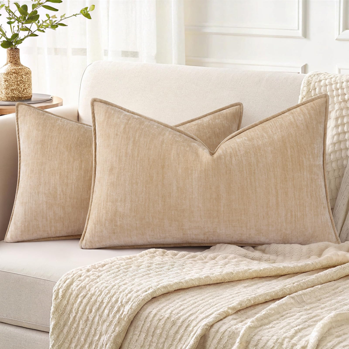 decorUhome Chenille Beige Velvet Throw Pillow Covers 20x20 Set of 2