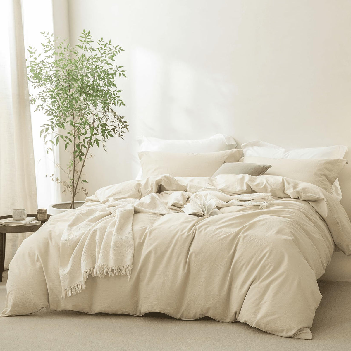 BDEAR 3Pcs Off White Duvet Cover Set Queen Size 90" L x 90" W, Oeko TEX