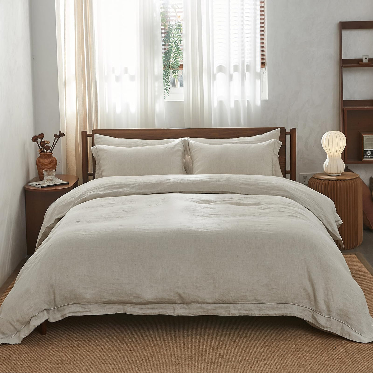Simple&Opulence 100% French Linen Duvet Cover Set with Embroidered,3 Pcs Washed Soft Farmhouse Bedding Set with Button Closure,1 Comforter Cover and 2 Pillowshams(King,Natural Linen)