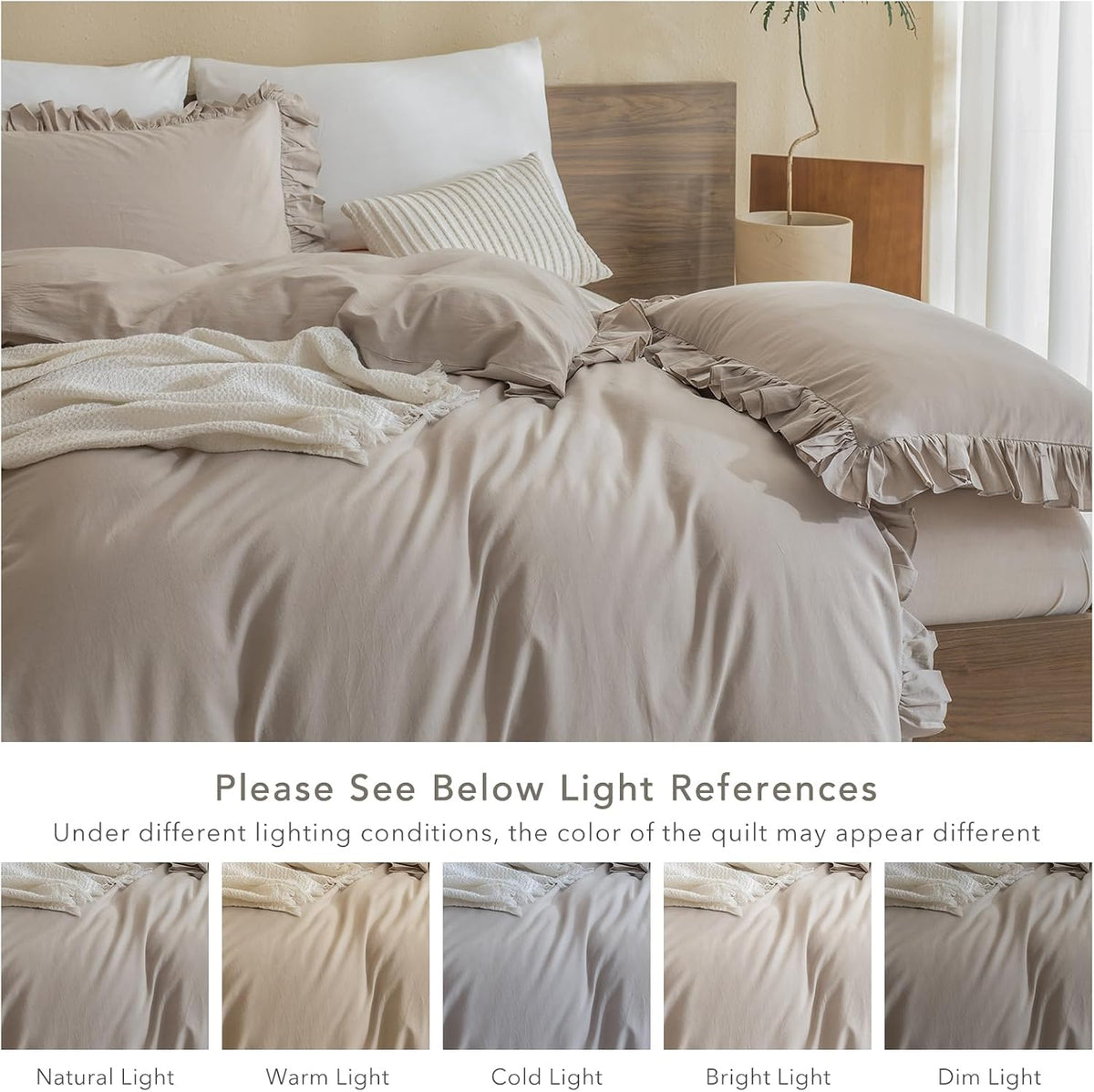 QSH Washed Cotton Duvet Cover King Ruffle Duvet Cover Linen Textured Farmhouse Shabby Vintage Chic Bedding Comforter Cover 3 PCs Aesthetic French Country Vintage King Bedding