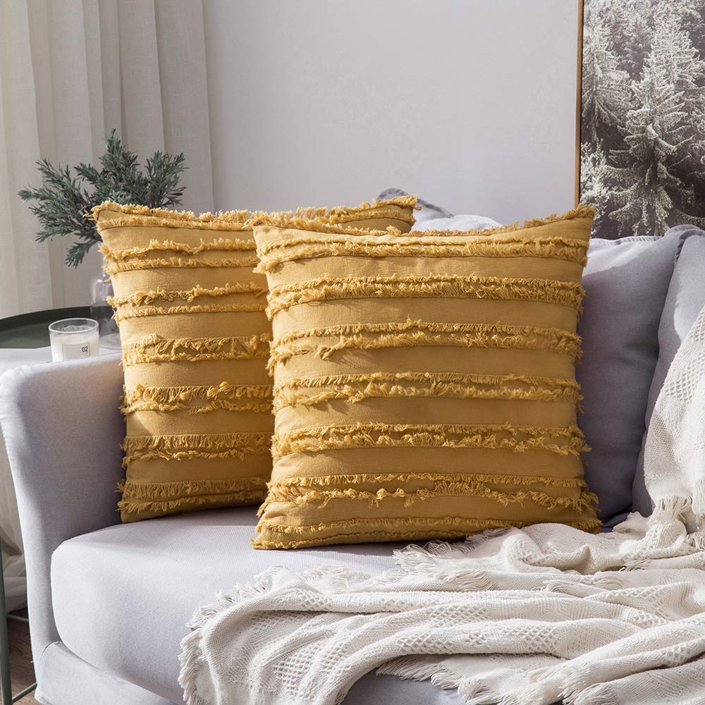 MIULEE Boho Linen Striped Throw Pillow Covers 18x18, Neutral Beige