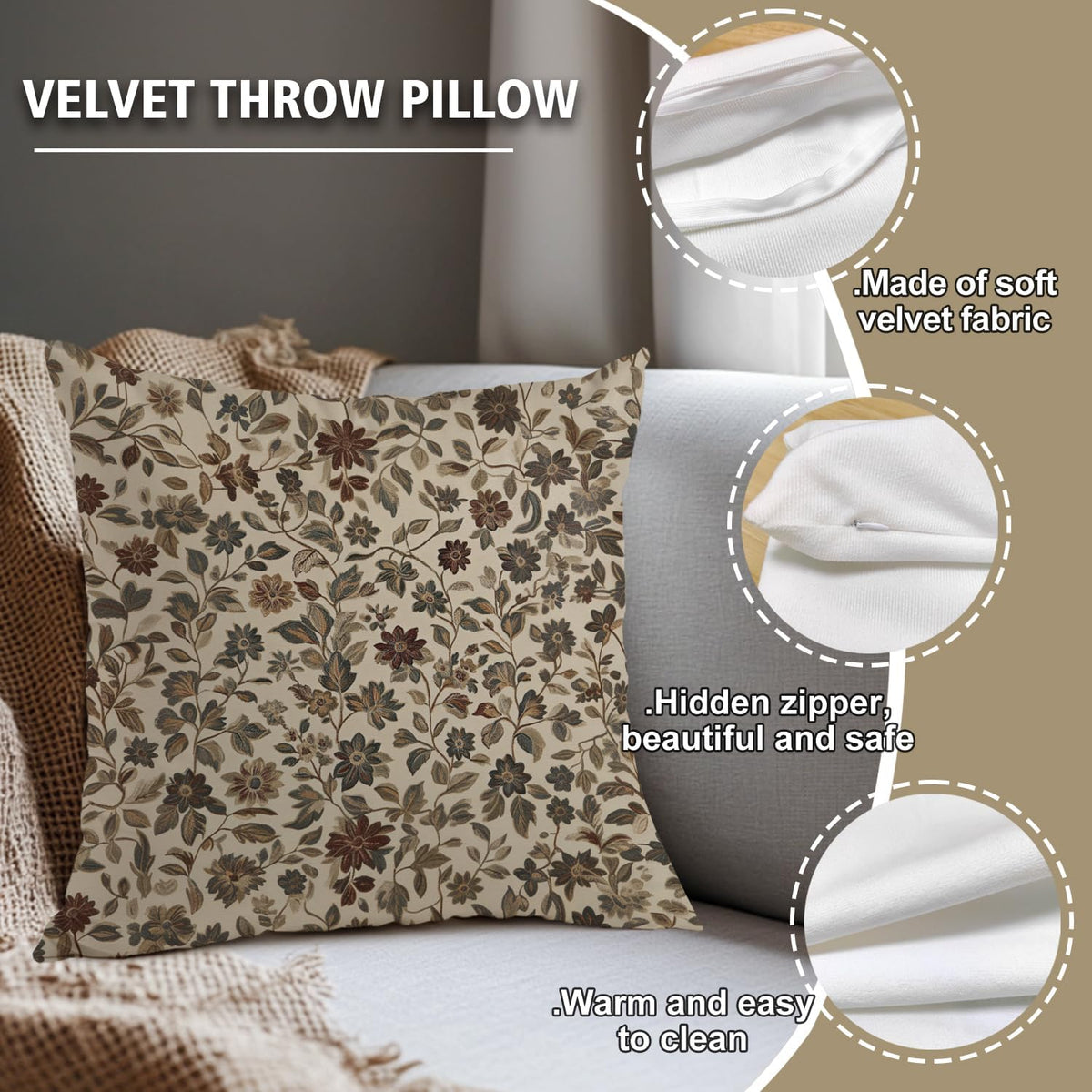 YOU FOUND ME William Morris Abstract Vintage Floral Velvet Design Throw Pillow Covers Home Decor, Retro Art Decor Pillowcase Cushion Cover for Bed Sofa Living Room, Square 18x18inch (Beige-Floral)