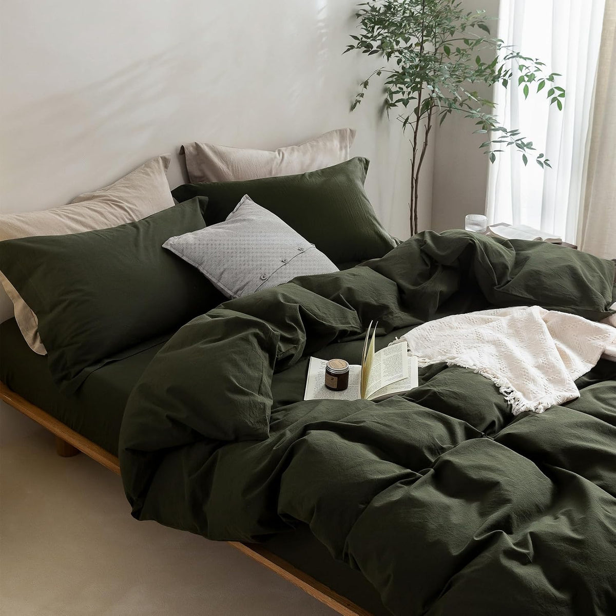 BDEAR 3Pcs Olive Green Duvet Cover Set Queen Size 90" L x 90" W,Oeko TEX