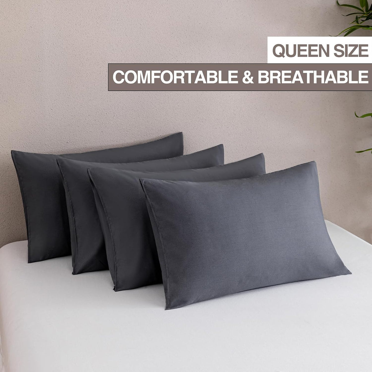 MINIPANDA Dark Grey Pillow Cases Set of 4 Queen Size, Envelope Design