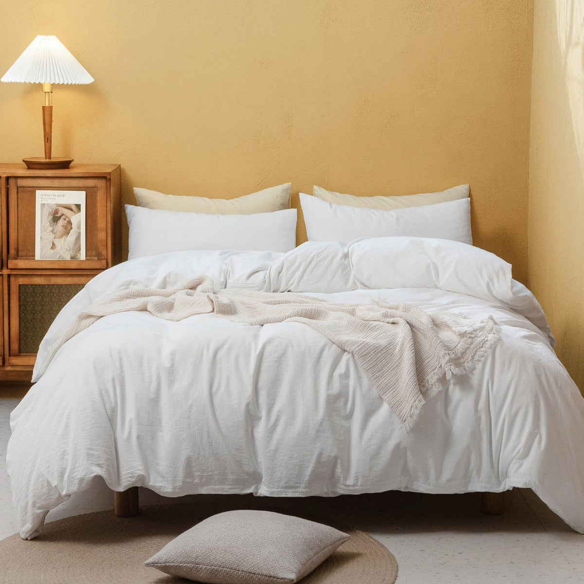 FOSSA Duvet Cover Set 100% Washed Cotton Linen Feel Queen
