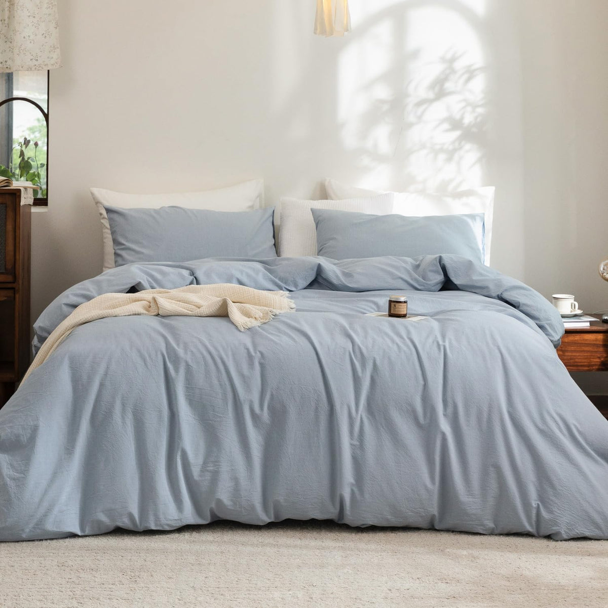 FOSSA Duvet Cover Set 100% Washed Cotton Linen Feel Queen